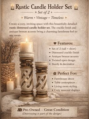 Rustic Candle Holder Set of 2 - Distressed Cream with Antique Bronze Accents